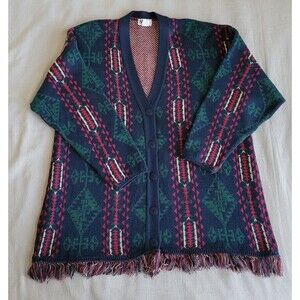 Avon Style Sweater Womens 2X  3X V Neck Cardigan Aztec Green Frayed Grandma 90s